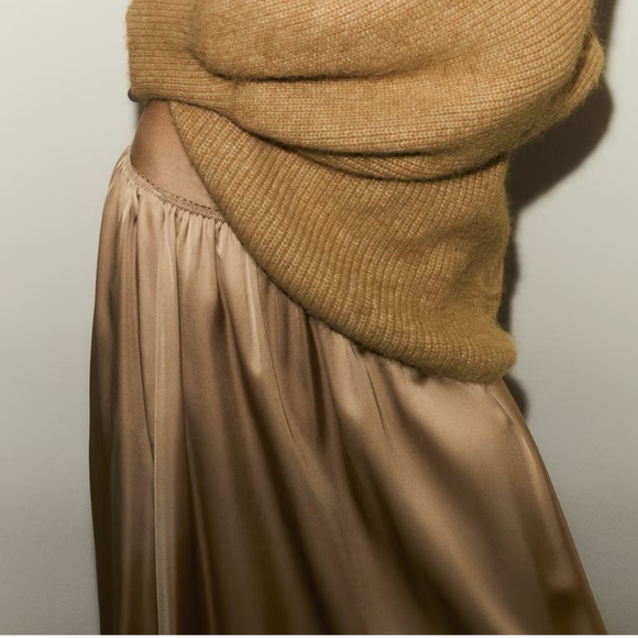 H&M Lace Trimmed Satin Midi Skirt Beige NWT - Picture 7 of 8